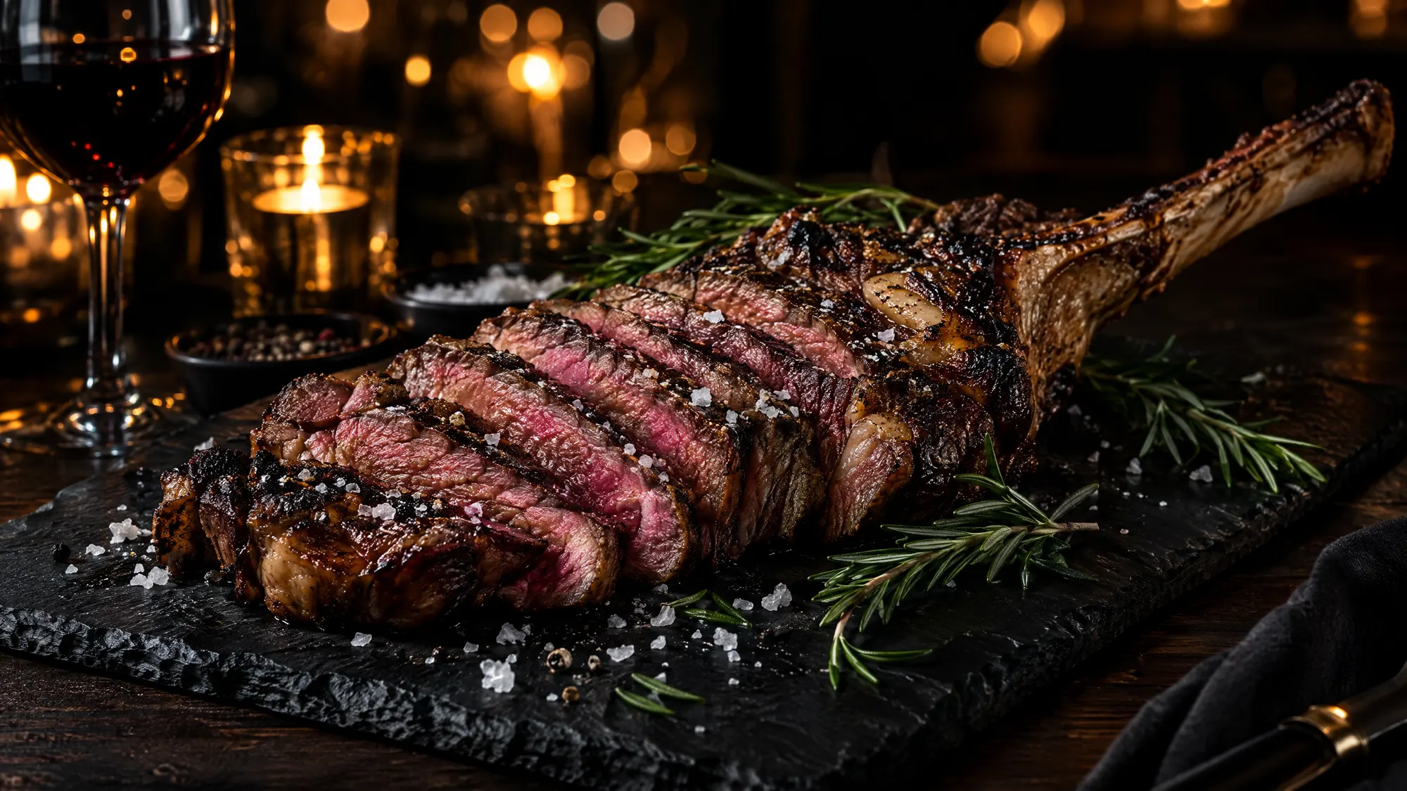 A seared, sliced tomahawk steak on slate by candle light